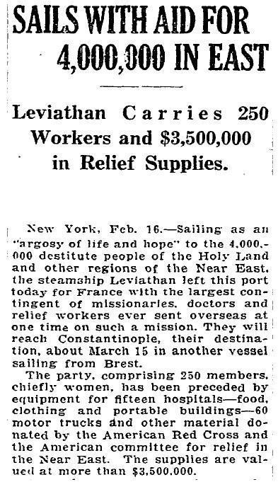Washington Post Article about Near East Relief Personnel, c. 1919. The article makes special notice of the fact that the relief workers on board were 'chiefly women', demonstrating an early acknowledgment of the invaluable work done by women relief workers for Near East Relief.