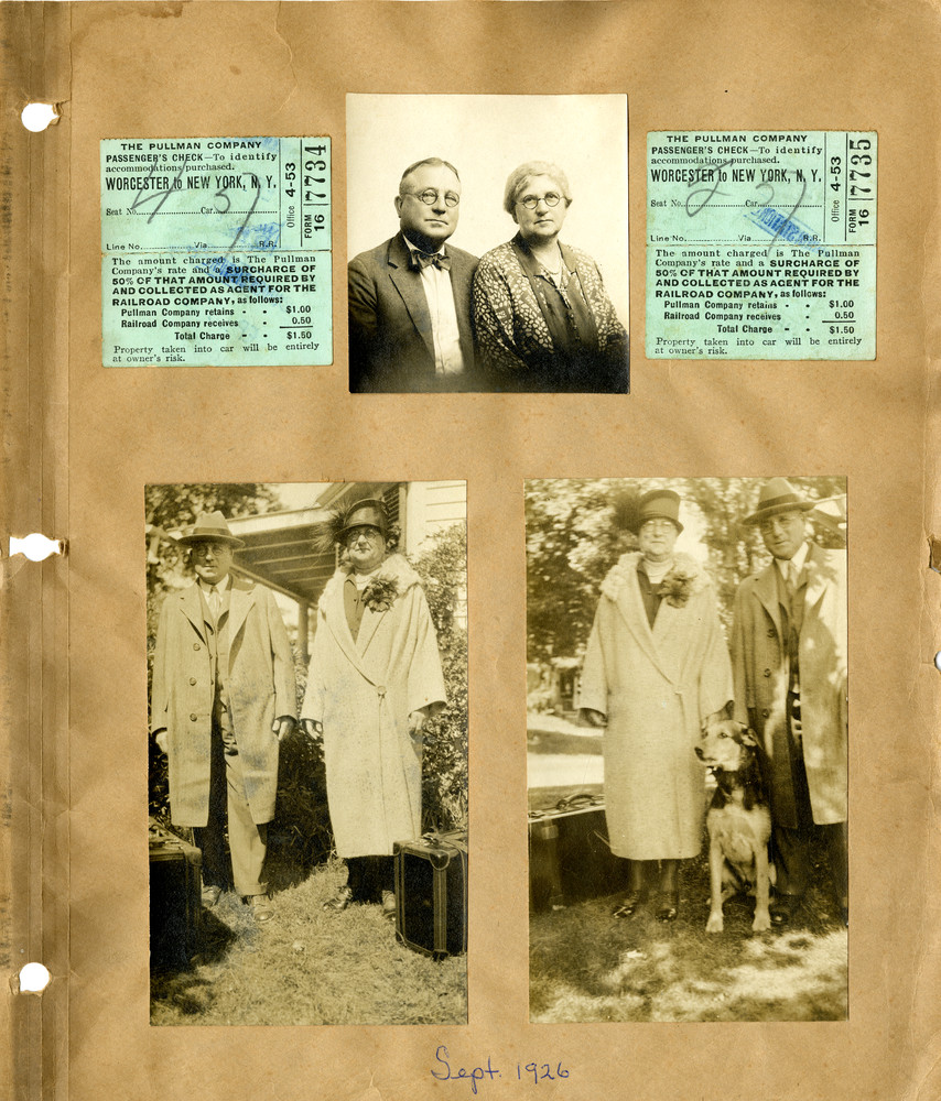 Fred and Carrie Midgley dressed for departure with their dog, Sept 1926