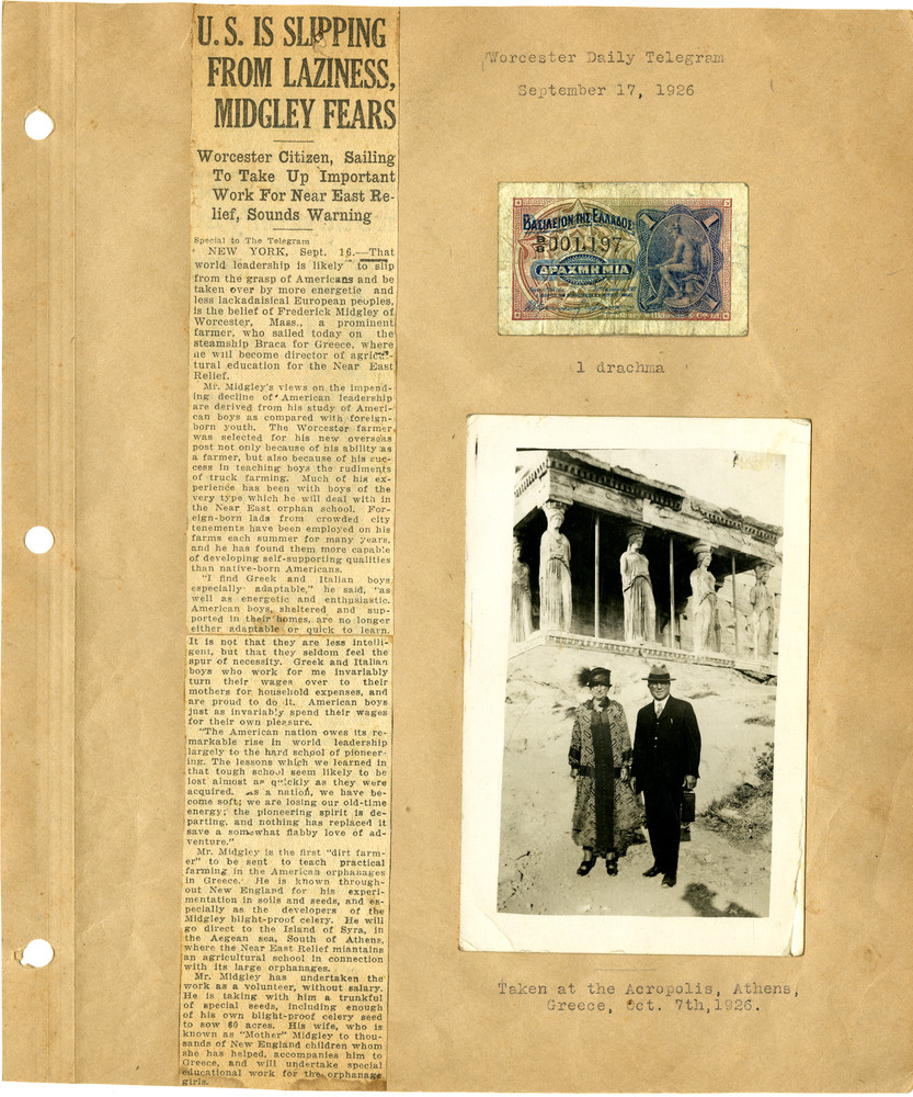 Carrie and Fred Midgley at the Acropolis caryatids, Oct 7, 1926