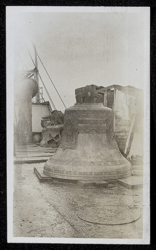 Church bell lashed on deck, bound for Greece, c. 1920–1922