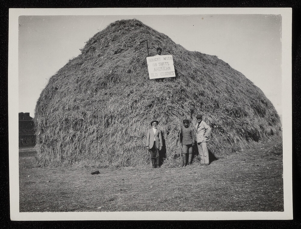 Haystack sign: bought with 90 suits old clothes, Caucasus, 1920s