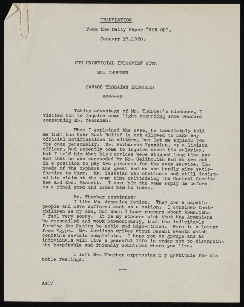 Translated Nor Or interview with Thurber, Athens, 1928