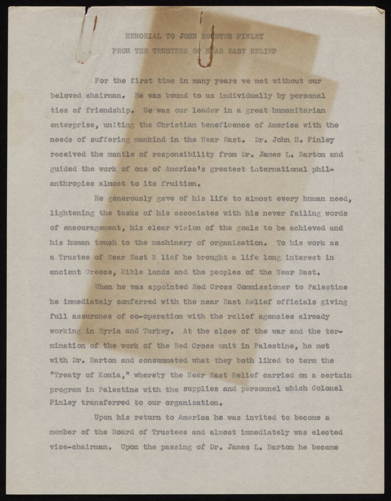 Trustees' memorial to John H. Finley, New York, ca. 1940
