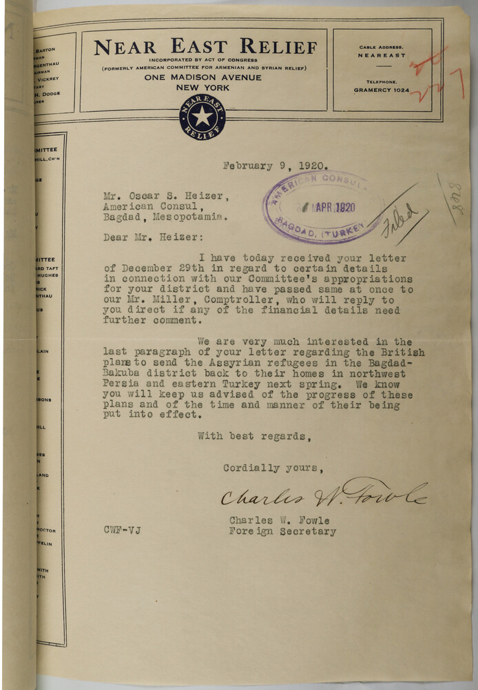 Charles W. Fowle, Foreign Secretary of Near East Relief, to U.S. Consul Oscar S. Heizer at Baghdad, February 9, 1920. RG 84, U.S. Consulate Baghdad, National Archives and Records Administration.