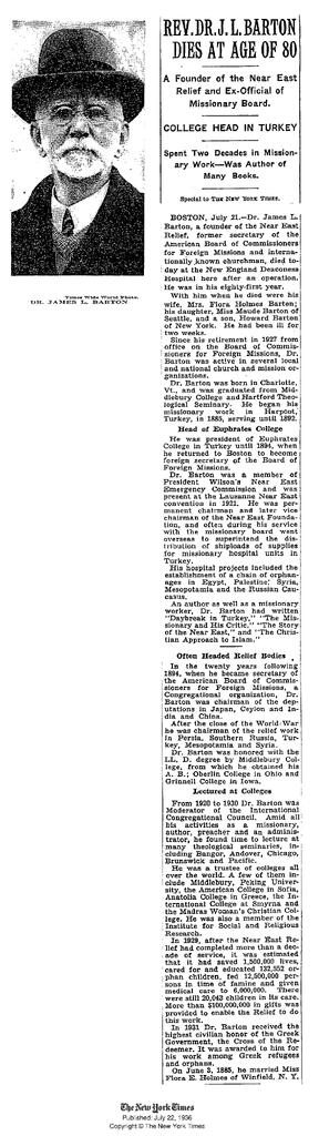 Rev. Dr. J. L. Barton Dies at Age of 80: A Foundation of the Near East Relief and Ex-Official of Missionary Board. New York Times, July 22, 1936.