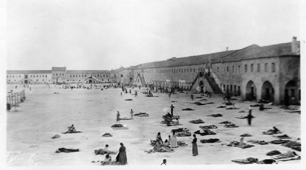The Aleppo barracks yard under Graber, with bedding laid out in rows. Aleppo, 1919.