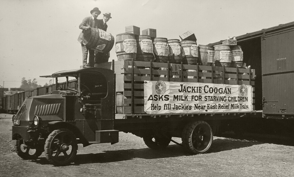 Jackie Coogan and Boy Scouts, Near East Relief milk campaign, 1924