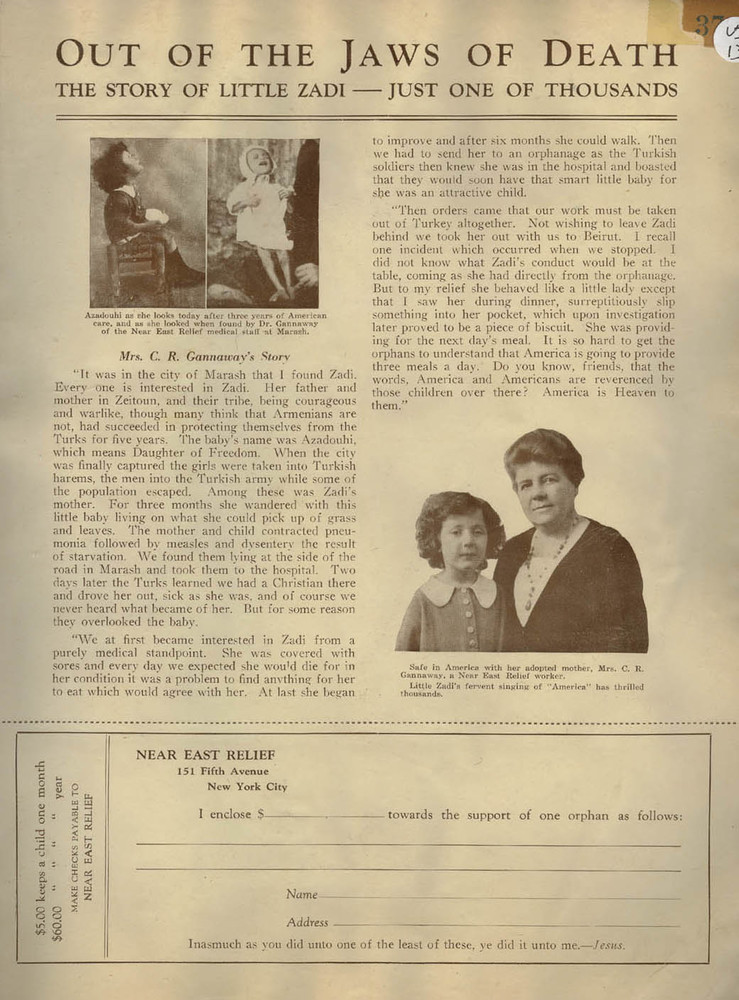 Out of the Jaws of Death: The Story of Little Zadi, Near East Relief fundraising broadside, mid-1920s.
