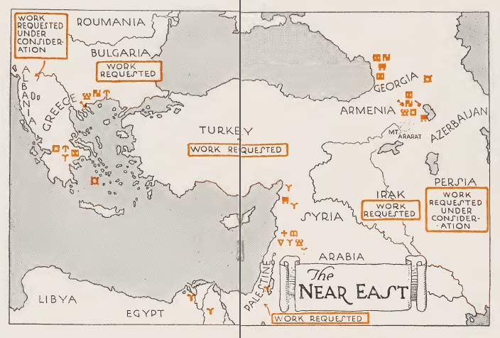 Transition to Near East Foundation - Activities Under Consideration, 1930. Active program sites appear across Greece, Albania, Bulgaria, the South Caucasus, Syria, and Lebanon. 