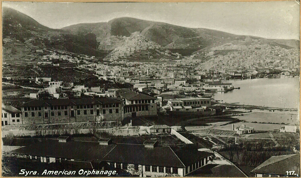 Postcard featuring the orphanage complex on the island of Syra (Syros)