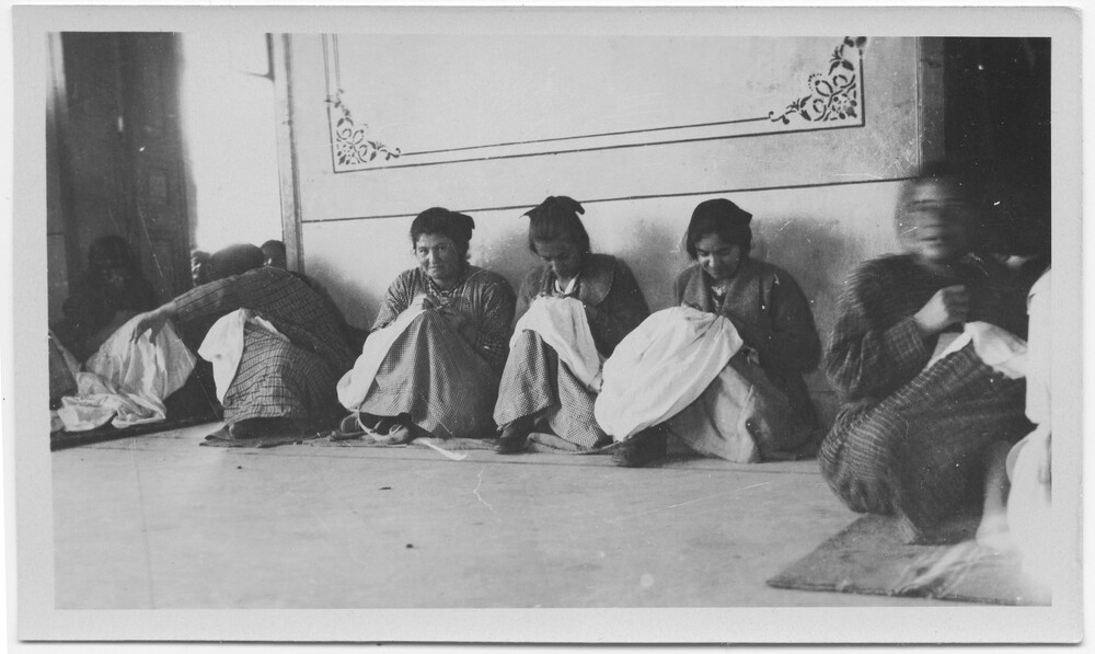 Women sewing at an Armenian refugee camp in Beirut, photographed by Miller during her NER service, c. 1921–1923.