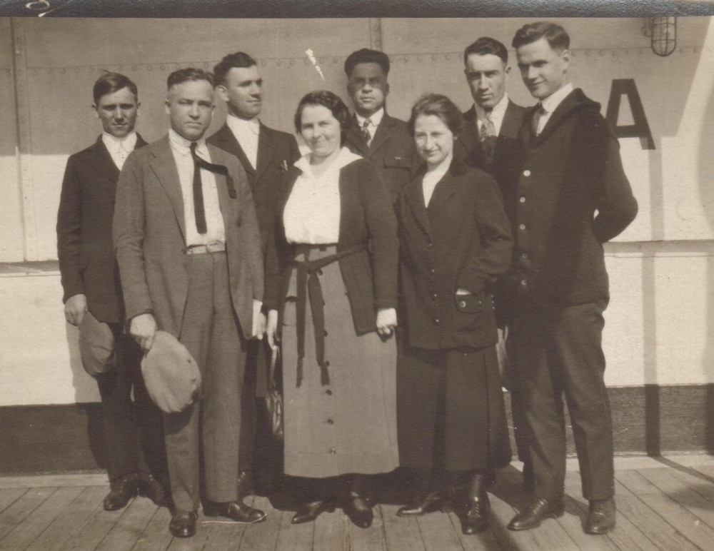 Nellie Miller with fellow Mennonite relief workers aboard the S.S. Patria, sailing to Beirut for her NER service, August 1921. 