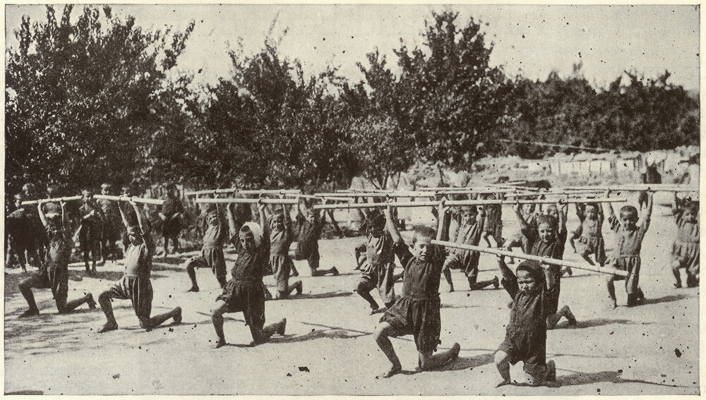 Children exercising with poles at the Near East Relief orphanage at Darachichak (Tsaghkadzor), Armenia, where malnourished children were sent to recover at an altitude of 7,000 feet.