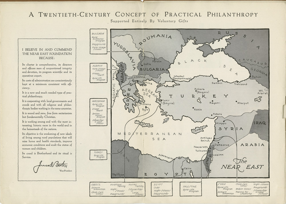 A map of NEF projects, 1931. NEF's initial work was guided by the 1927 survey and directed towards communities that hosted large numbers of former orphans and refugees.