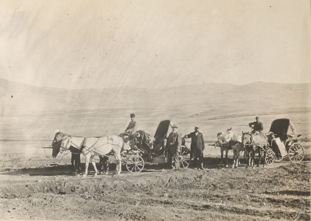 Mr. Yarrow and party en route to Van, Turkey. Mt. Ararat in the background.