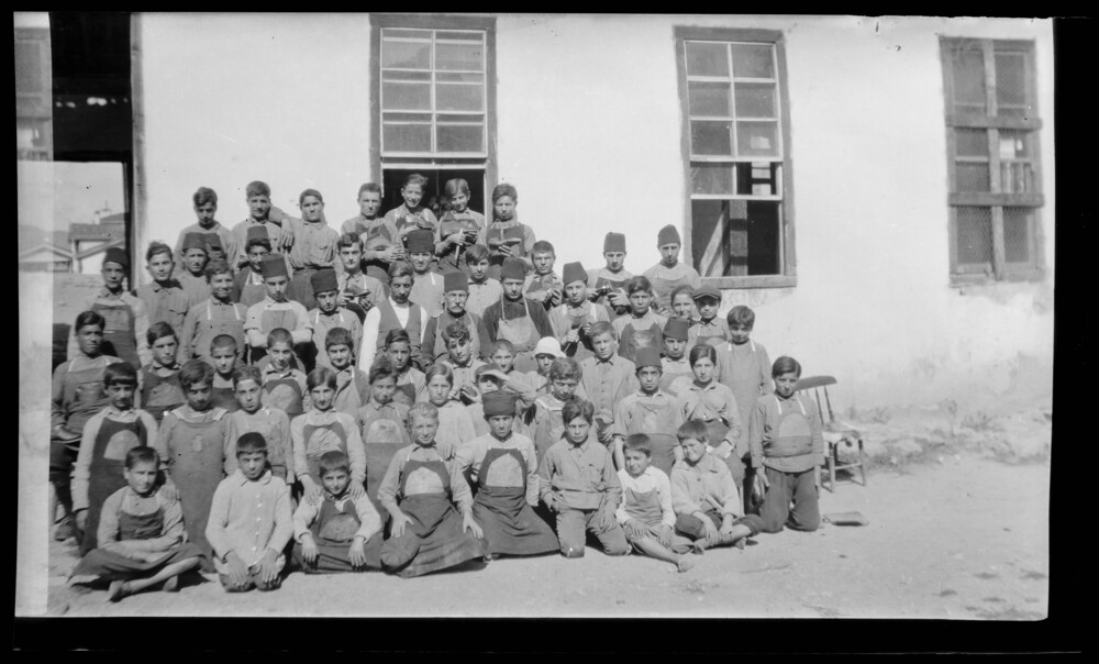 About forty orphan boys at the cobbler workshop, Near East Relief boys' orphanage, Marsovan (Merzifon).