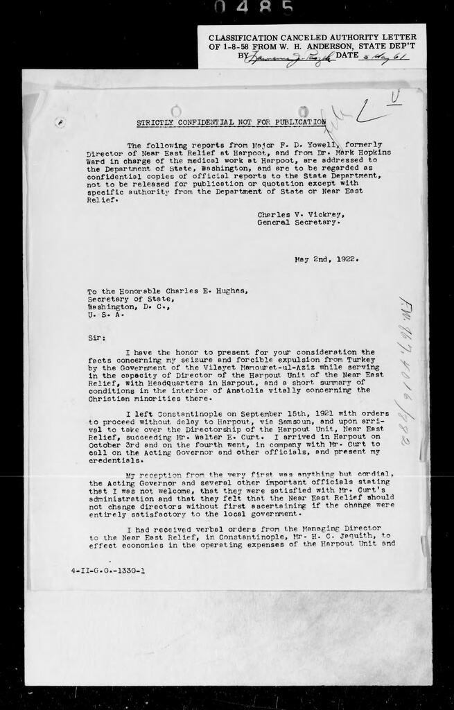 Forest D. Yowell, Report on conditions and NER expulsion, Harpout, May 1922