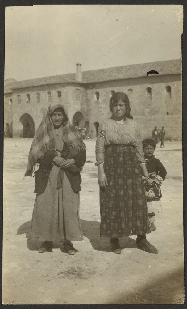 Two Armenian women and child, Ottoman barracks, Aleppo