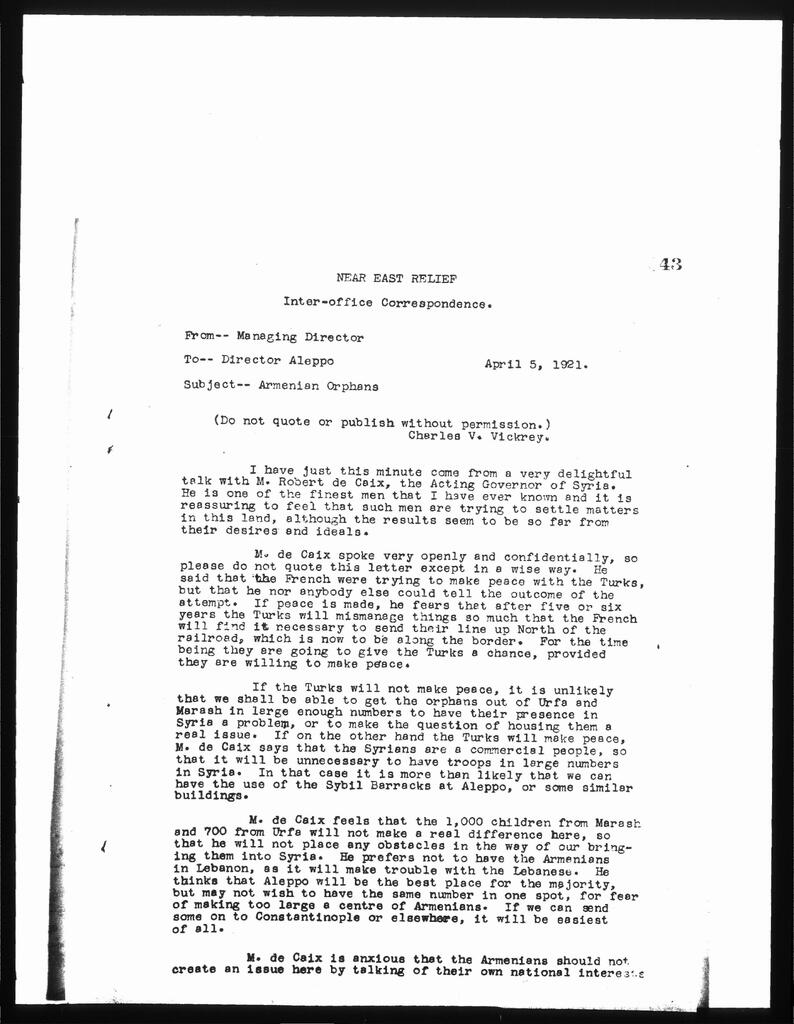 Bayard Dodge to Director, Aleppo, on Negotiating with French for the Marash and Urfa Orphan Evacuation, 1921