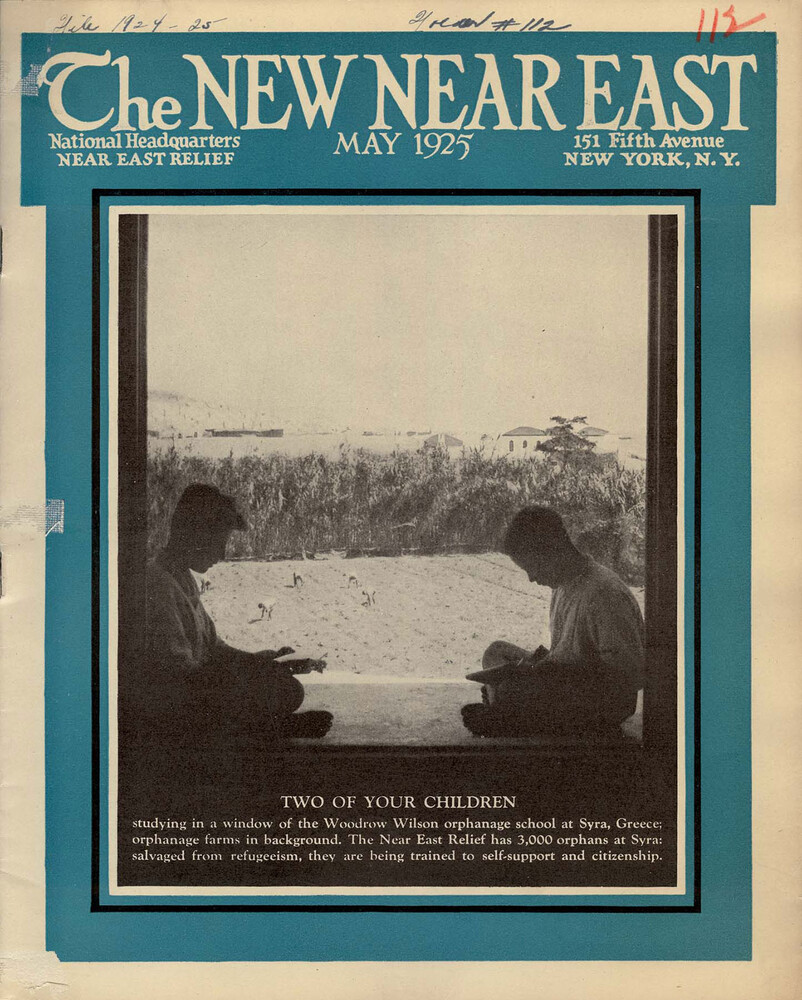 Two of Your Children studying in the window of the Woodrow Wilson orphanage school at Syra, Greece, orphanage farms in the background, 1925. 
