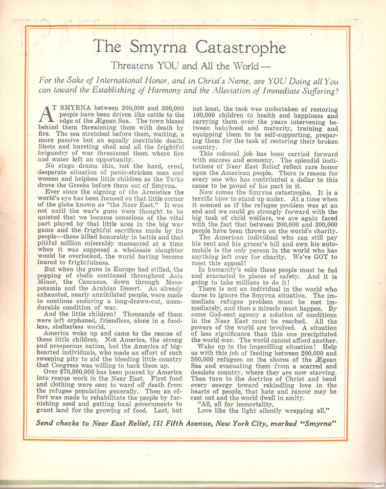 A Near East Relief fundraising appeal for Smyrna, late 1922. Donors were asked to mark contributions 