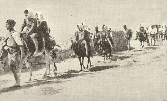 Refugees travel by donkey in the wake of the Smyrna catastrophe. Tens of thousands were relocated overland in the weeks and months that followed.