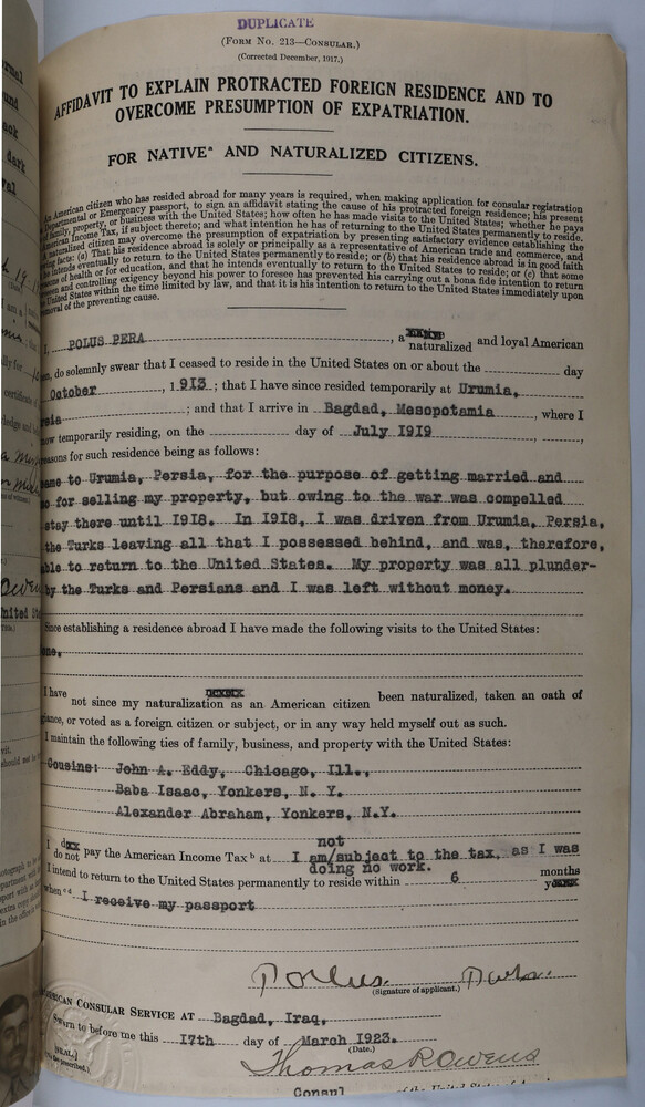 Affidavit of Polus Pera, a naturalized American driven from Urmia by Turkish forces in 1918, sworn before U.S. Consul Thomas R. Owens at Baghdad on March 17, 1923.  RG 84, U.S. Consulate Baghdad, National Archives and Records Administration.