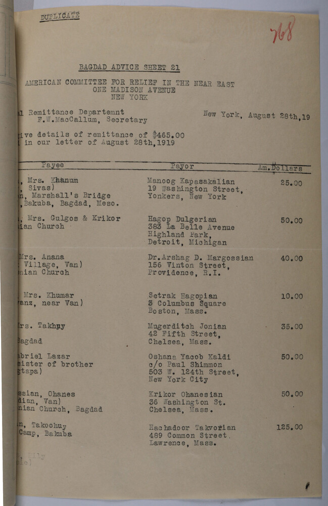 Bagdad Advice Sheet 21, American Committee for Relief in the Near East, August 28, 1919, recording remittances of $465 from Armenian-American donors in Yonkers, Detroit, Providence, Boston, Chelsea, New York, and Lawrence to named relatives in Baghdad, the Baquba refugee camp, and villages near Van and Sivas. RG 84, U.S. Consulate Baghdad, National Archives and Records Administration.
