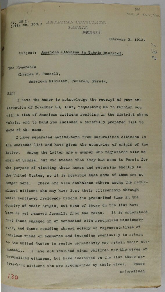 Gordon Paddock, U.S. consul at Tabriz, to Charles W. Russell, American Minister at Tehran, February 3, 1913. RG 84, U.S. Consulate Tabriz, National Archives and Records Administration.