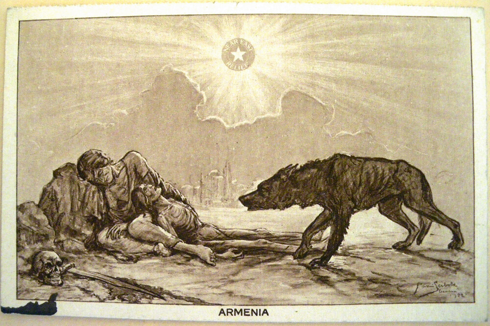 Near East Relief promotional postcard illustrated by Maxim Seibold, 1922. A starving Armenian mother shields her child as a wolf approaches; the Near East Relief star burns overhead.