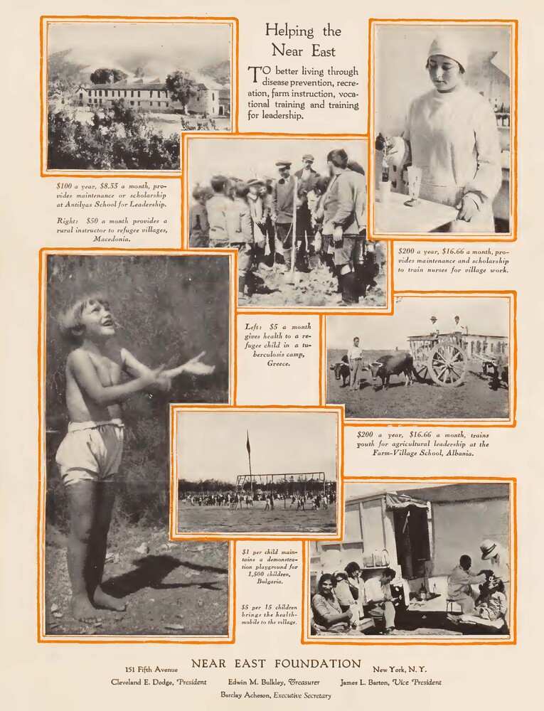 Page from New Life in Old Lands, c. 1931. The brochure summarized Near East Foundation programs in disease prevention, vocational training, agricultural instruction, and leadership development. Funding categories shown include the Antilyas School (Lebanon), rural instructors in Macedonia, nurse training, the Farm-Village School in Albania, and a children's playground program in Bulgaria.