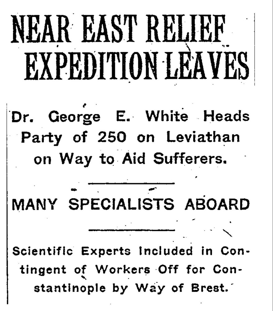 New York Times headline announcing the Near East Relief expedition aboard the Leviathan, February 17, 1919.