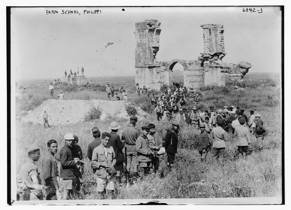 Refugees and Near East Relief workers at a settlement site in Greek Macedonia, 1923. Published in The New Near East, September 1923.