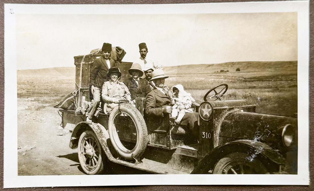 Mr. McAfee, Dr. and Mrs. Gannaway, and Azadouhi departing Marash, spring 1922. NER vehicle 310. From the Bayard Dodge photo album, courtesy of the Dodge family.