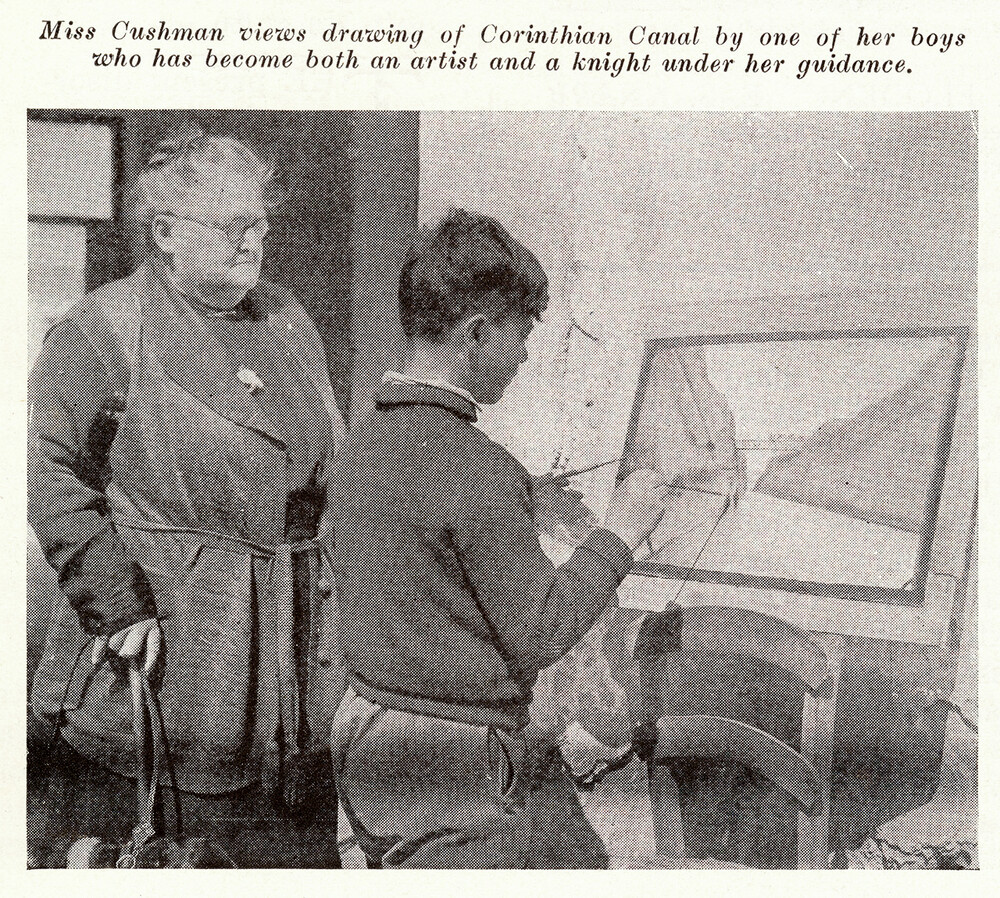 Miss Cushman watches a boy paint the Corinthian Canal.