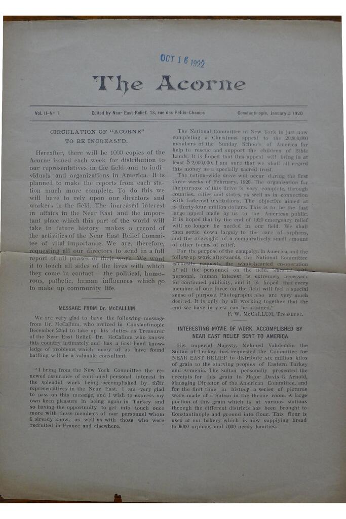 Sultan gives grain for the starving. Acorne, 3 Jan 1920.