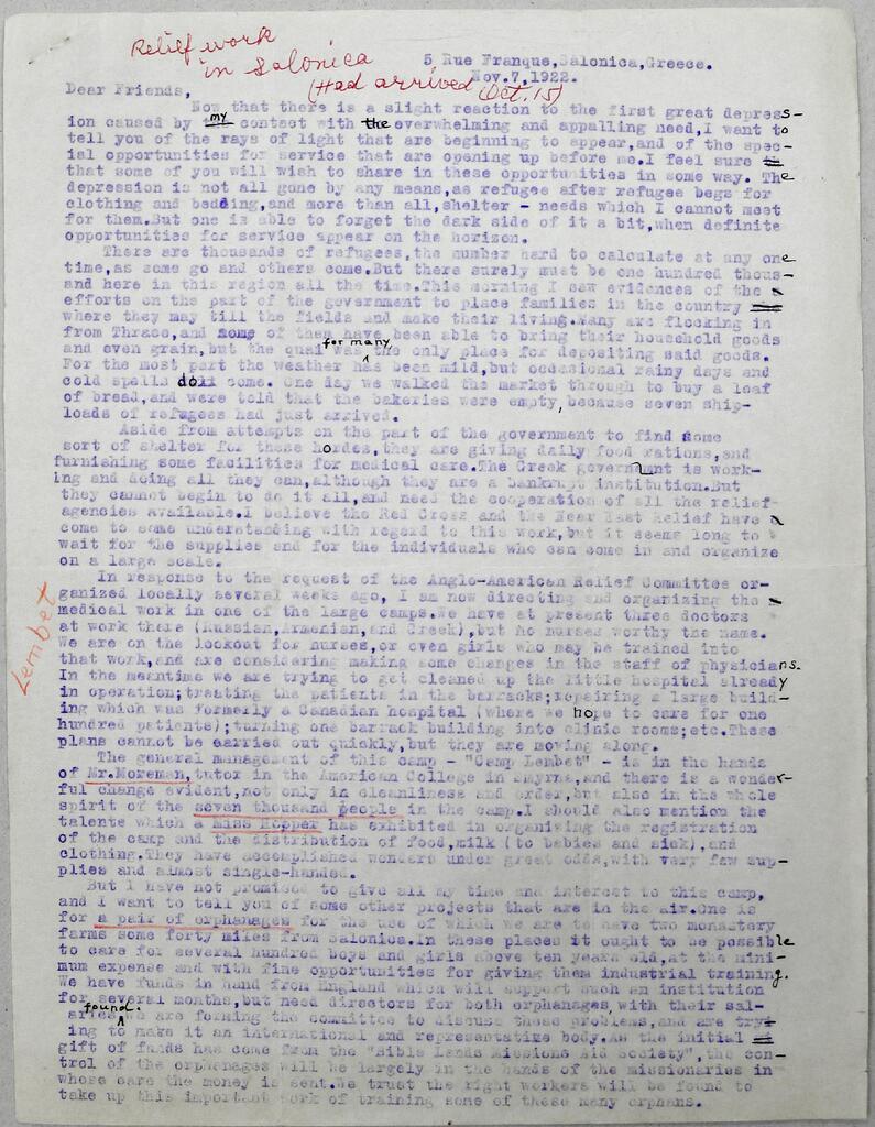 Salonica refugee relief & Camp Lembet, Nov 1922