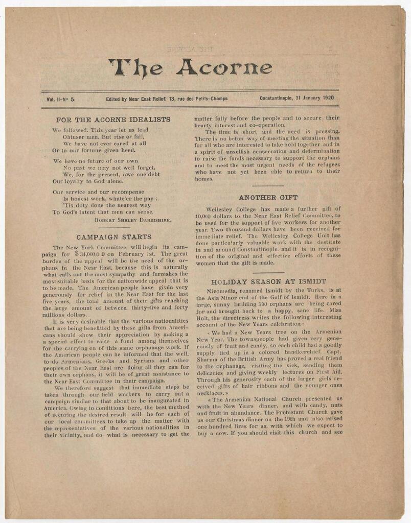 Wellesley gives $10,000 for the work. Acorne, 31 Jan 1920.