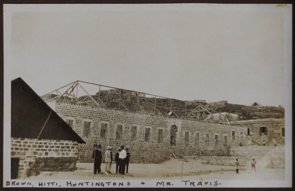 Brown, Hitti, Huntington, and Travis discuss orphanage building construction, Jebail, 1922