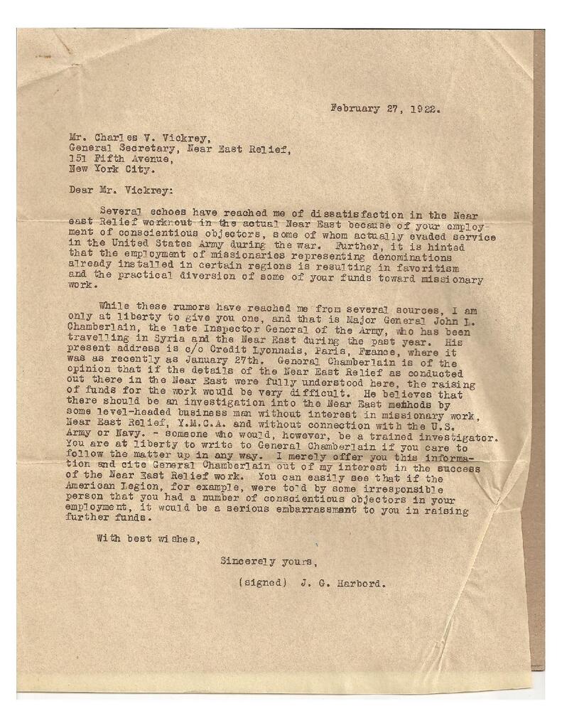 Harbord–Vickrey Correspondence on Conscientious Objectors, 1922