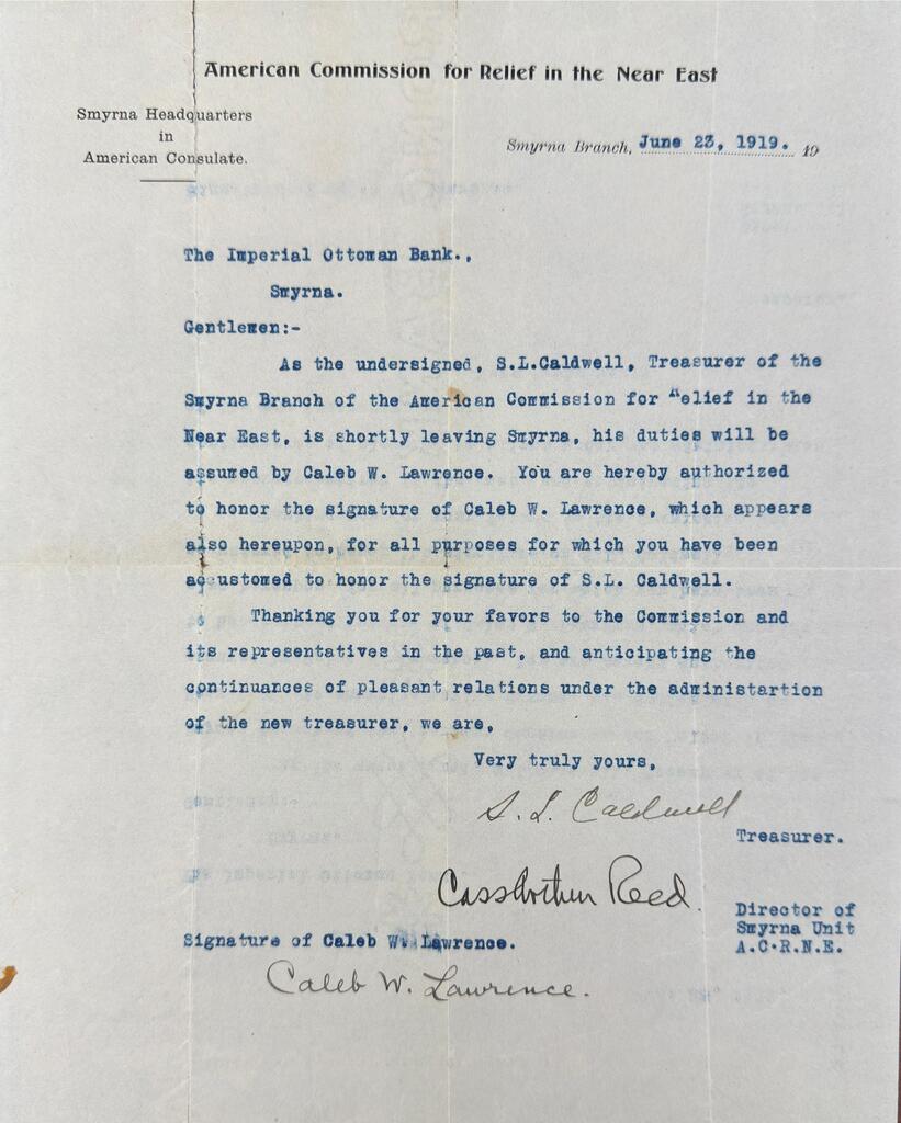 ACRNE transfers treasury to Lawrence, Smyrna, June 23, 1919