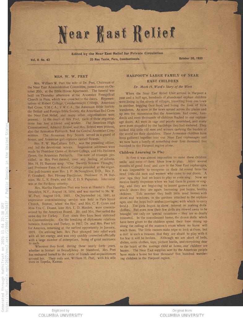 Harpoot cares for 4,500 children. NER Weekly, 30 Oct 1920.