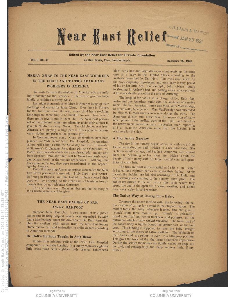 Harpoot unit tends eighteen babies. NER Weekly, 25 Dec 1920.