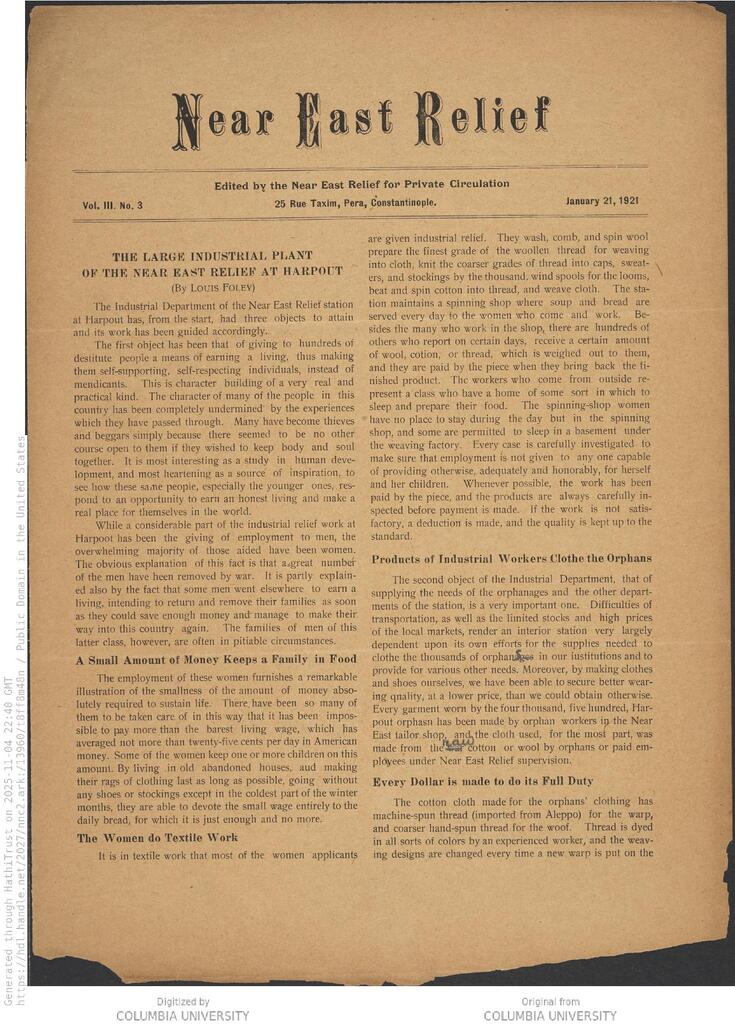 Harpoot industries clothe 4,500 orphans. NER Weekly, 21 Jan 1921.