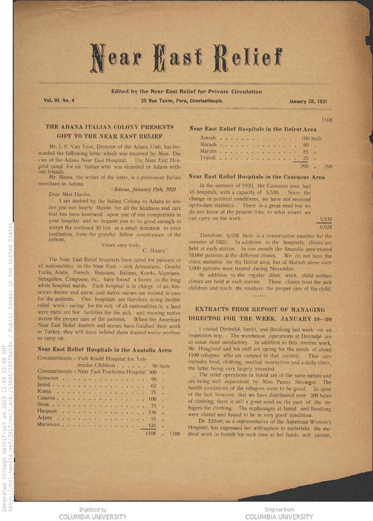 Near East hospitals count 6,928 beds. NER Weekly, 28 Jan 1921.