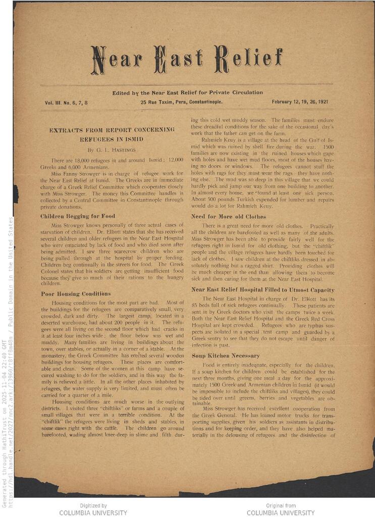 Ismid shelters 18,000 refugees. NER Weekly, 12 Feb 1921.