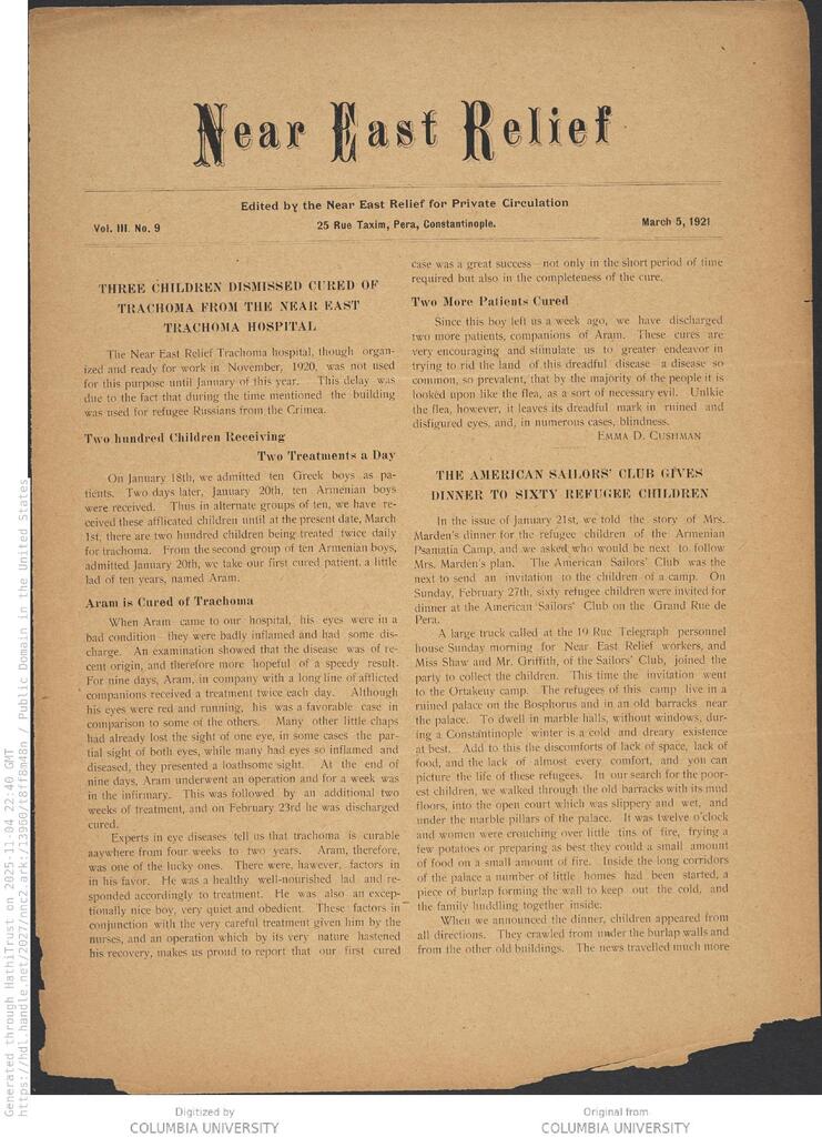 Trachoma hospital reports its first cures. NER Weekly, 5 Mar 1921.