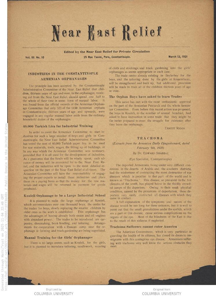 40,000 lira funds orphanage trades. NER Weekly, 12 Mar 1921.