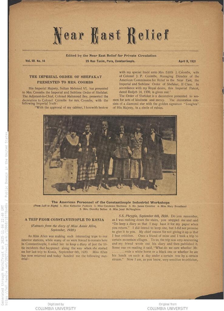 Edith Coombs receives the Shefakat. NER Weekly, 9 Apr 1921.
