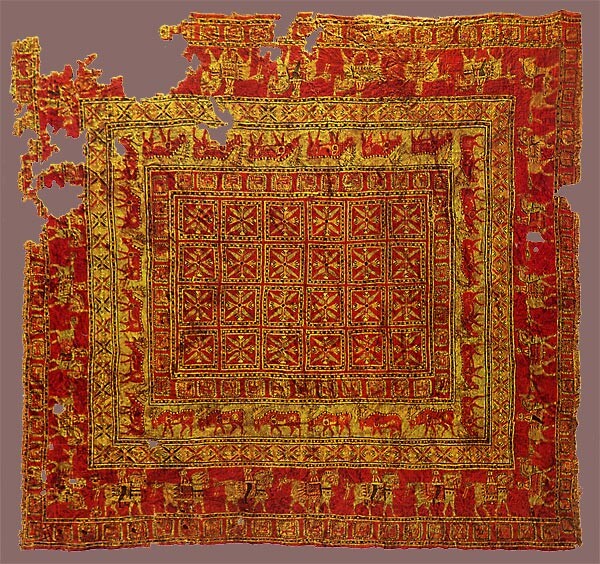 The Pazyryk carpet, the oldest known pile carpet in the world, c. 4th century BCE. State Hermitage Museum, Saint Petersburg.